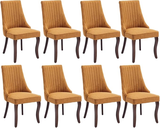 Dining Room Chairs Set of 8，Linen Channel Tufted Kitchen Dining Room Chair with Curved Solid Wood Legs, Comfortable Fabric Upholstered Dining Chair for Dining Room, (Gold 8pc)