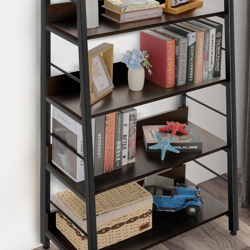 BATHWA 5 Tier Book Shelf, Rustic Industrial Ladder Bookshelf Wood Metal, Dark Brown Farmhouse 28'' Wide 59''Tall Ladder Shelf Living Room, Bedroom, Home Office