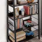 BATHWA 5 Tier Book Shelf, Rustic Industrial Ladder Bookshelf Wood Metal, Dark Brown Farmhouse 28'' Wide 59''Tall Ladder Shelf Living Room, Bedroom, Home Office