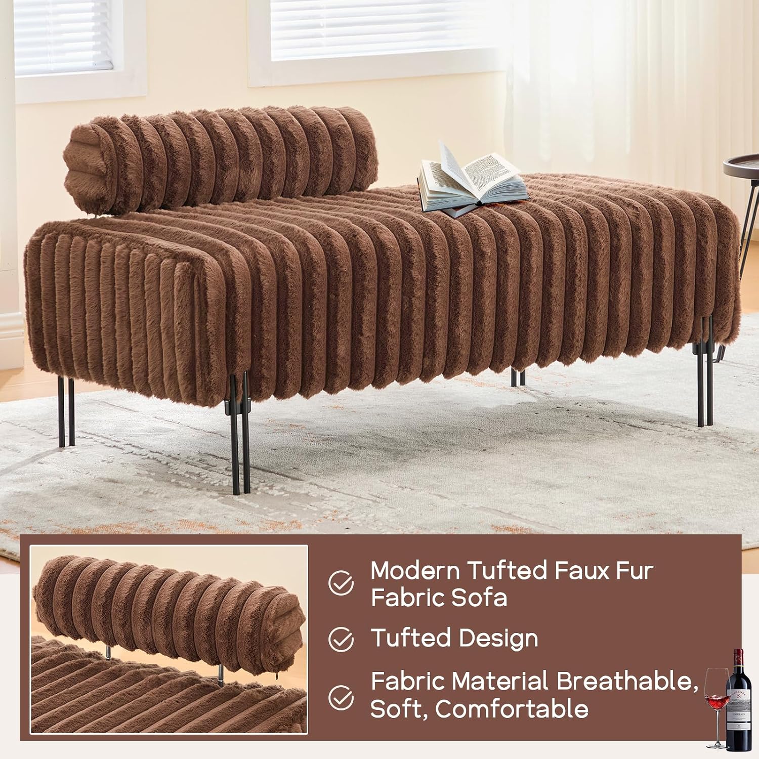 NIOIIKIT 53.2" Loveseat Sofa Couch with Adjustable Backrest, Accent Sofa | Upholstered Small Faux Fur Couch, Golden Legs, Leisure 2-seater Sofa for Bedroom, Living Room, Compact Small Space, Brown