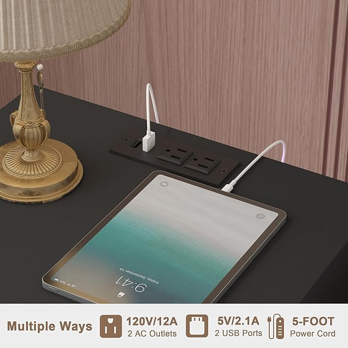 Modern Nightstand with Charging Station and LED Lights, Black Nightstand with...