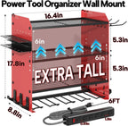 4 Layer Heavy Duty Power Tool Organizer Wall Mount with Charging Station, Adjustable Metal Storage Rack, 6 Outlets Power Strip, Drill Holders, Hooks & Drill Bit Rack for Garage, Workshop, Red