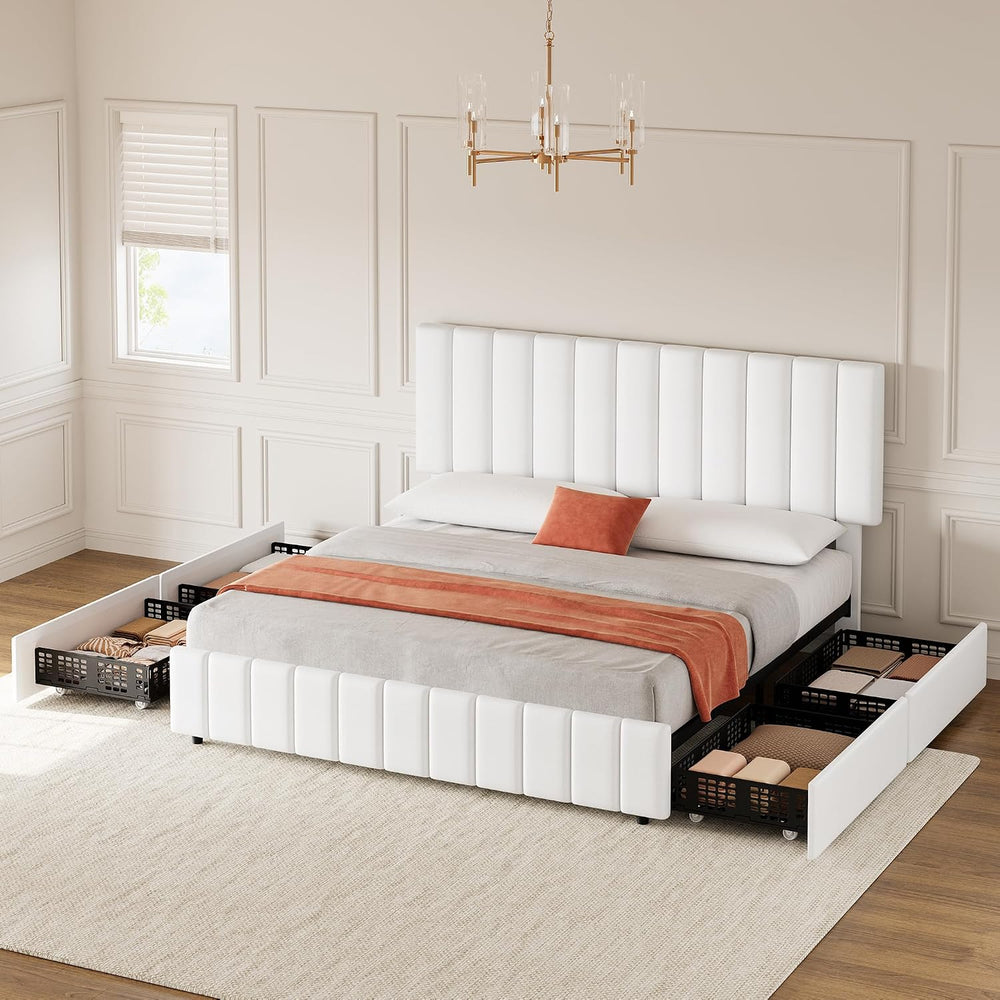 IDEALHOUSE Queen Size Bed Frame with 4 Storage Drawers, PU Leather Linen Upho...