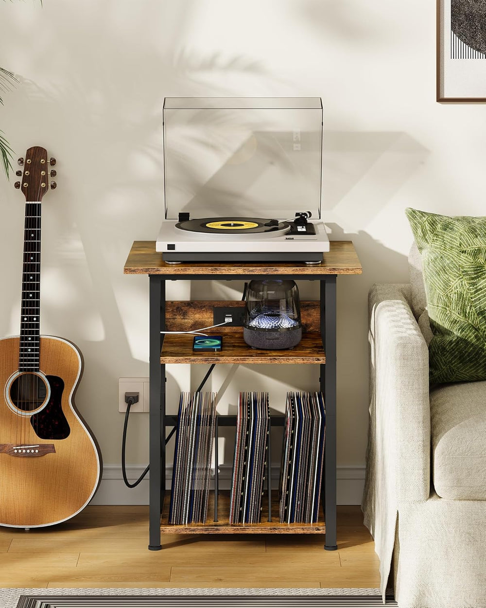 CHOEZON Record Player Stand with Power Outlet, Vinyl Record Storage Side Tabl...