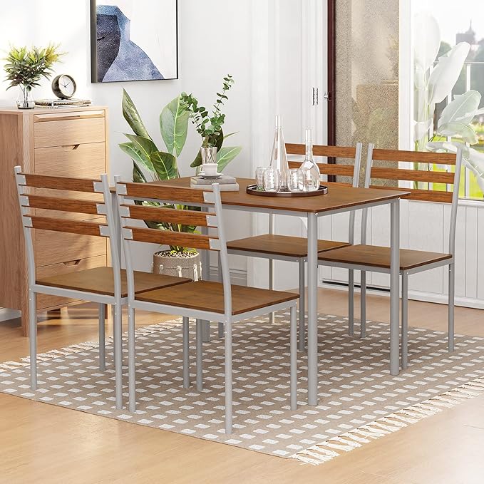 HOMCOM Modern Dining Table Set for 4, 5-Piece Kitchen Table Set, Rectangular Dining Table and 4 Chairs for Small Space, Dinette, Breakfast Nook, Brown