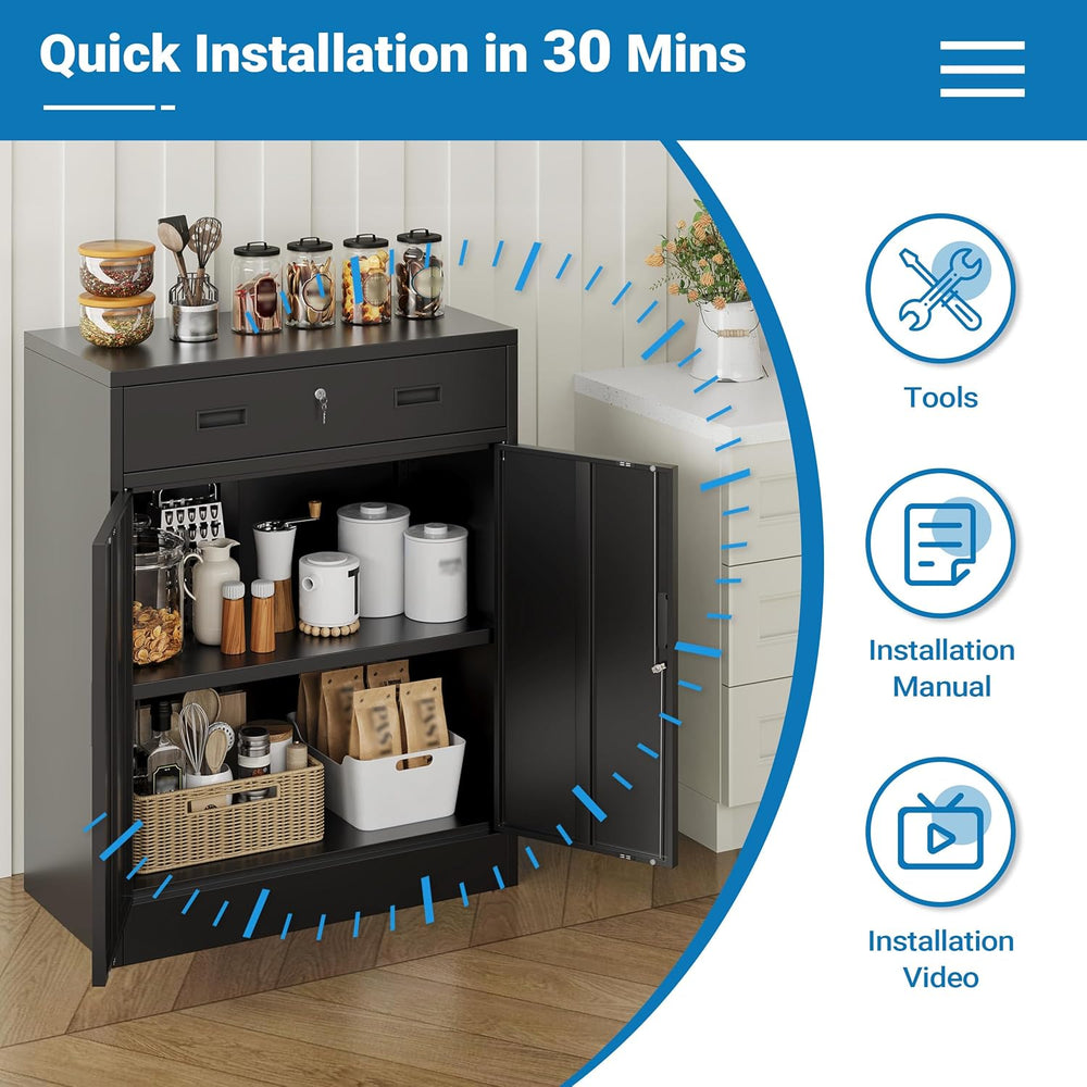Metal Storage Cabinet, 36" Locking Steel Cabinet with 1 Drawers and 1 Ad...