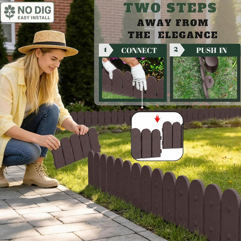 Evelyne Garden Border Plastic Edging: Wooden Fence Design - 16pcs Brown Yard ...
