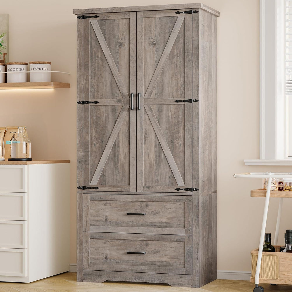 BORNOON Pantry Organizers and Storage Cabinet, 71” Barn Door White Kitchen Ca...