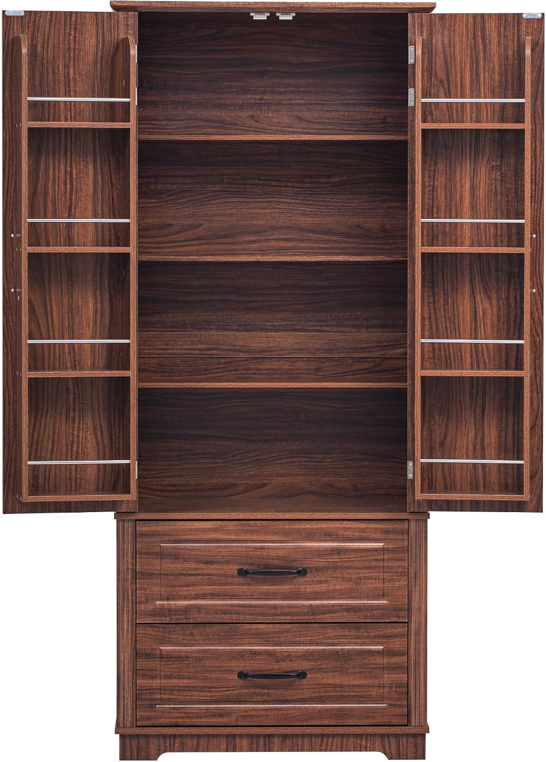 71" Farmhouse Kitchen Pantry Cabinet with 2 Large Drawers,Embossed Texture Freestanding Cupboard with 8 Door Shelves and 3 Cabinet Shelves for Kitchen,Dining Room,Living Room,Laundry,Brown