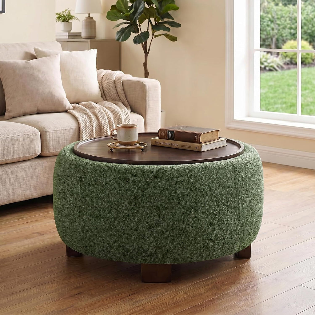 VKNOW 30" Round Storage Ottoman Coffee Table, Ottoman with Sotrage with Lift-Off Lid and Solid Wood Legs, Coffee Tables for Living Room, Bedroom, Apartments, Corners, Green