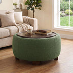 VKNOW 30" Round Storage Ottoman Coffee Table, Ottoman with Sotrage with Lift-Off Lid and Solid Wood Legs, Coffee Tables for Living Room, Bedroom, Apartments, Corners, Green