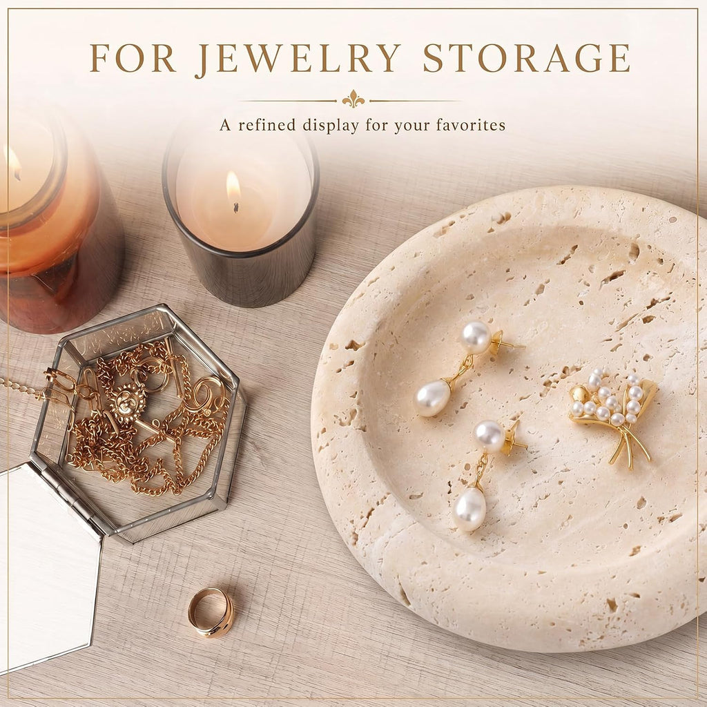 5.5 Inch Small Travertine Stone Tray Marble Jewelry Dish Trinket Tray for Women, Perfume, Coffee Table (Round)