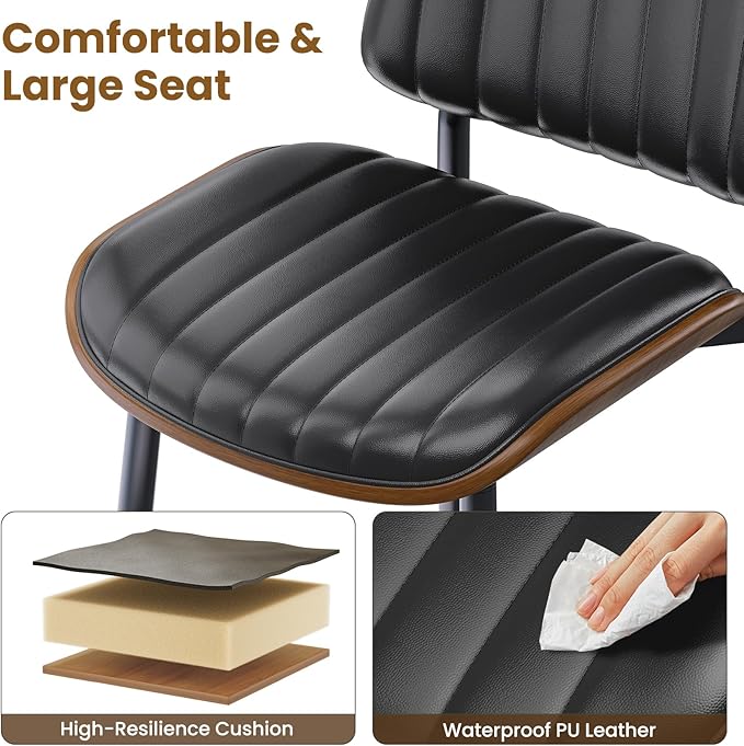 Dining Chairs Set of 8, FSC Certified Mid Century Modern Dining Room Kitchen Chairs, Upholstered PU Leather Vertical Stripe Chairs for Vanity with Walnut Bentwood and Metal Legs, Black