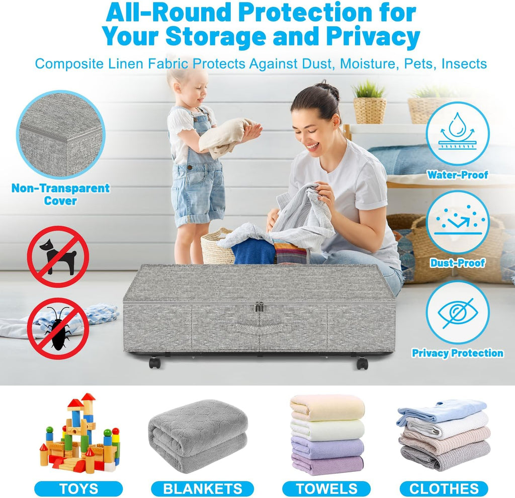 Large Sturdy Under Bed Storage with Wheels, 2 Pack 50L Rolling Underbed Storage Bins, Under Bed Containers Drawer with Metal Bottom Support, Bedroom Organizer with Lids for Clothes, Shoes, Blankets