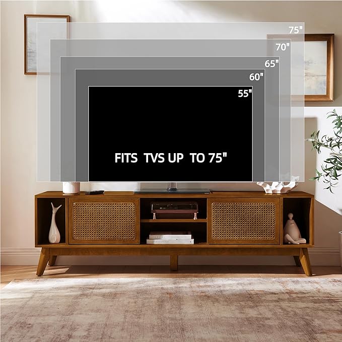 LKTART 68 Inch Mid Century Modern TV Stand with Rattan Doors,MCM Entertainment Center Media Console for 60/65/70/75 inch TVs,Long Boho Television Stand for Living Room,Light Walnut