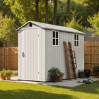 Patiowell 4 x 8 FT Plastic Outdoor Storage Shed with Floor, Garden Tool Shed with Two Windows and Single Lockable Door for Garden, Backyard, Lawn, Easy to Install, Light Grey(Fit-it Shed)