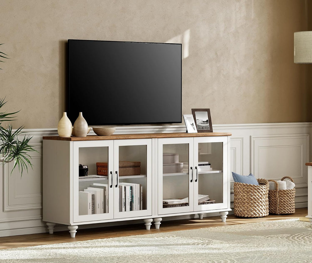 WAMPAT White TV Stand for 75 inch TV with 4 Glass Doors, Morden Wood Universal TV Cabniet with Ample Storage Cabinets, Farmhouse Entertainment Center TV Console Table for Living Room, Bedroom, 68"