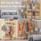 Homdox Gold Heavy Duty Clothes Rack with Wheels, 3-Tier Rolling Metal Garment Organizer with Double Hanging Rods & Hooks, Freestanding Portable Closet, 17.72" D x 47.24" W x 80.71" H
