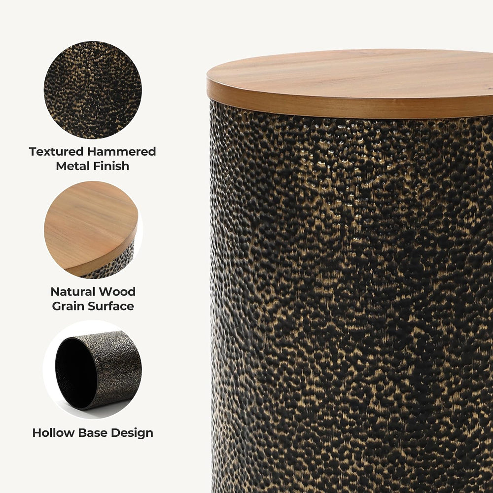 LuxenHome Round Side Table, 20" Black and Gold Metal Base with Wood Top,...
