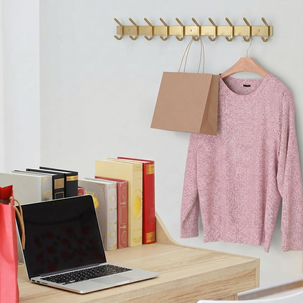 Brushed Gold Wall Mounted Coat Rack – 30 Inch Stainless Steel Rail with 10 Do...
