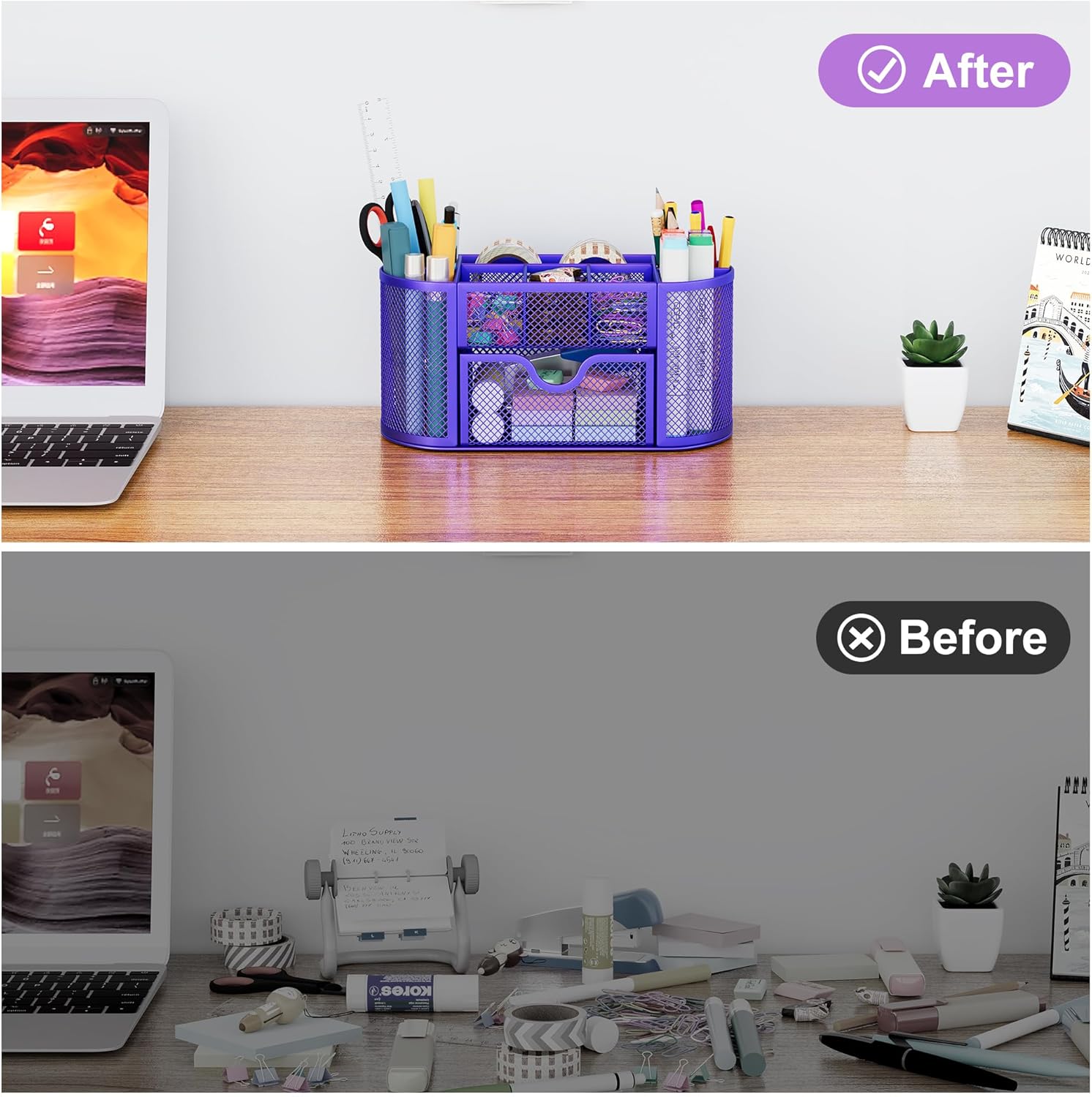 EasyPAG Mesh Pen Holder Desk Organizer with Drawer Stationery Supplies Organizer for Dorm School 9 Compartments Workspace Desk Accessories Organization for Office, Purple
