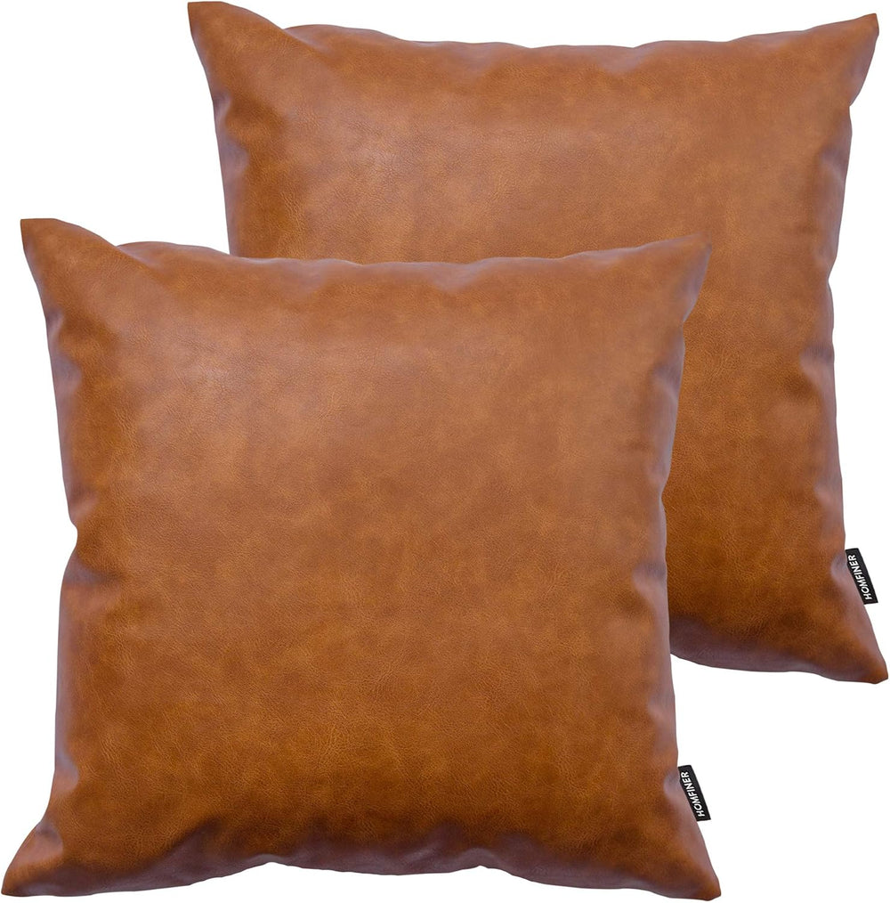 Faux Leather Throw Pillow Covers 22x22 inch, Set of 2 Thick Cognac Brown Mode...
