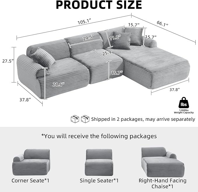 Modular Floor Sofa, Cozy Corduroy Sectional Couch with Fully Washable Covers, Frameless L Shaped Couch for Living Room, Family & Pet Friendly Lounge,No Assembly(Light Gray,Right Facing Chaise)
