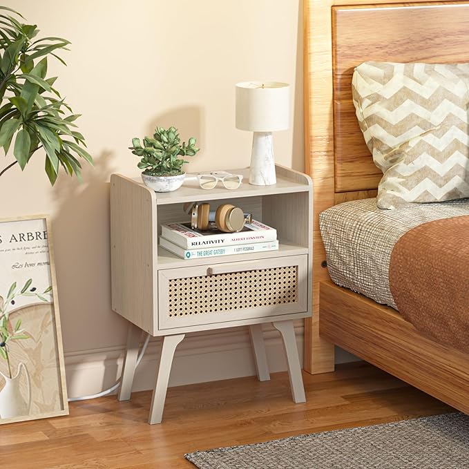 Lerliuo Rattan Nightstands Set of 2 with Charging Station, Side Table with Dr...