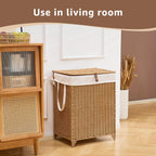 Laundry Hamper with Lid and Removable Liner Bag, Handwoven Rattan Clothes Hamper with Heightened Feet, Wicker Laundry Basket for Clothes and Towels，Middle