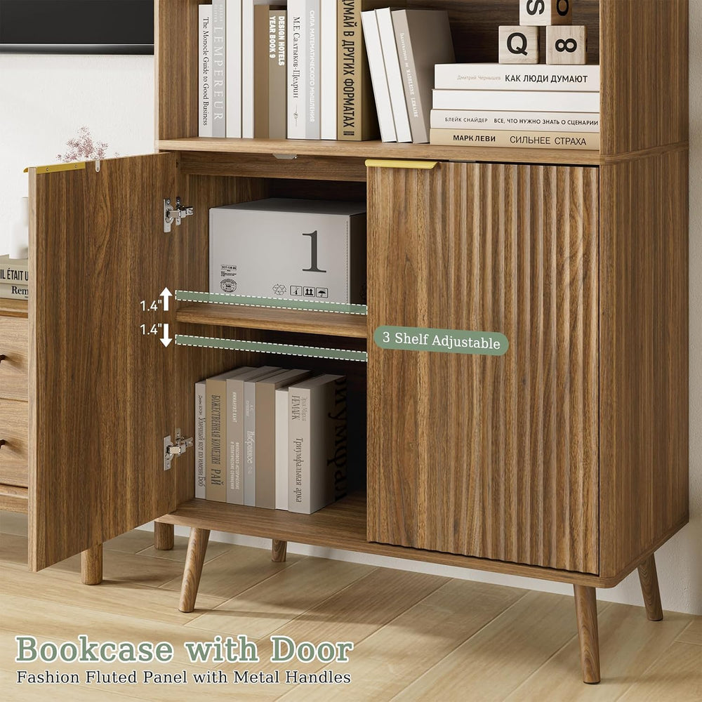 LYNSOM Walnut Bookshelf, 70.9" Tall Book Shelf, 5-Tier Bookcase with Flu...