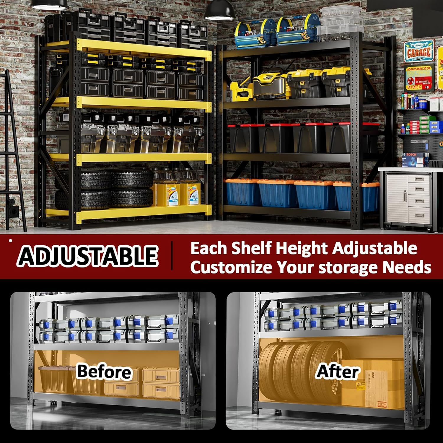 3000LBS Heavy-Duty Garage Shelving, 59" W Metal Shelves, 4-Tier Adjustable Garage Shelving Units, Storage Racks for Warehouse, Workshop