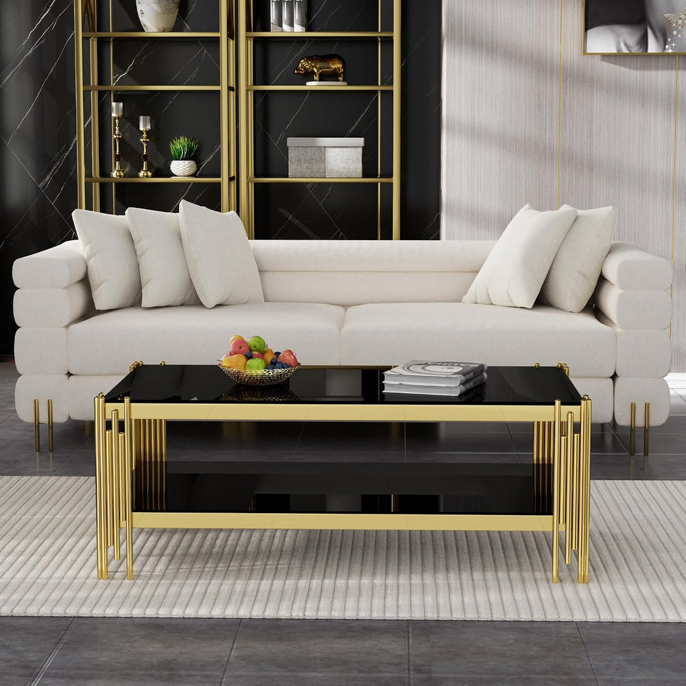 Henf 3-Piece Black Glass Living Room Table Set, 2-Tier Glass Coffee Table &am...