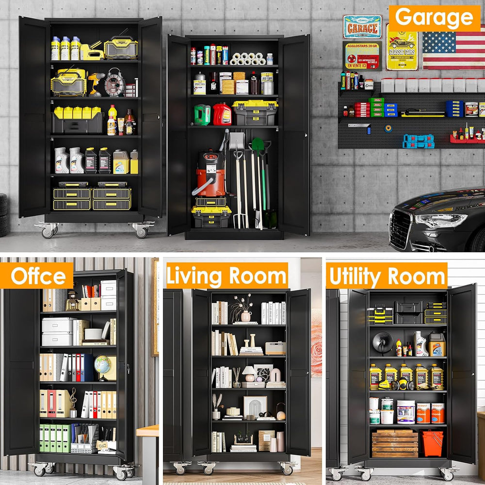 PAOFIN 71''H Tall Metal Garage Storage Cabinet with Wheels,Steel File...