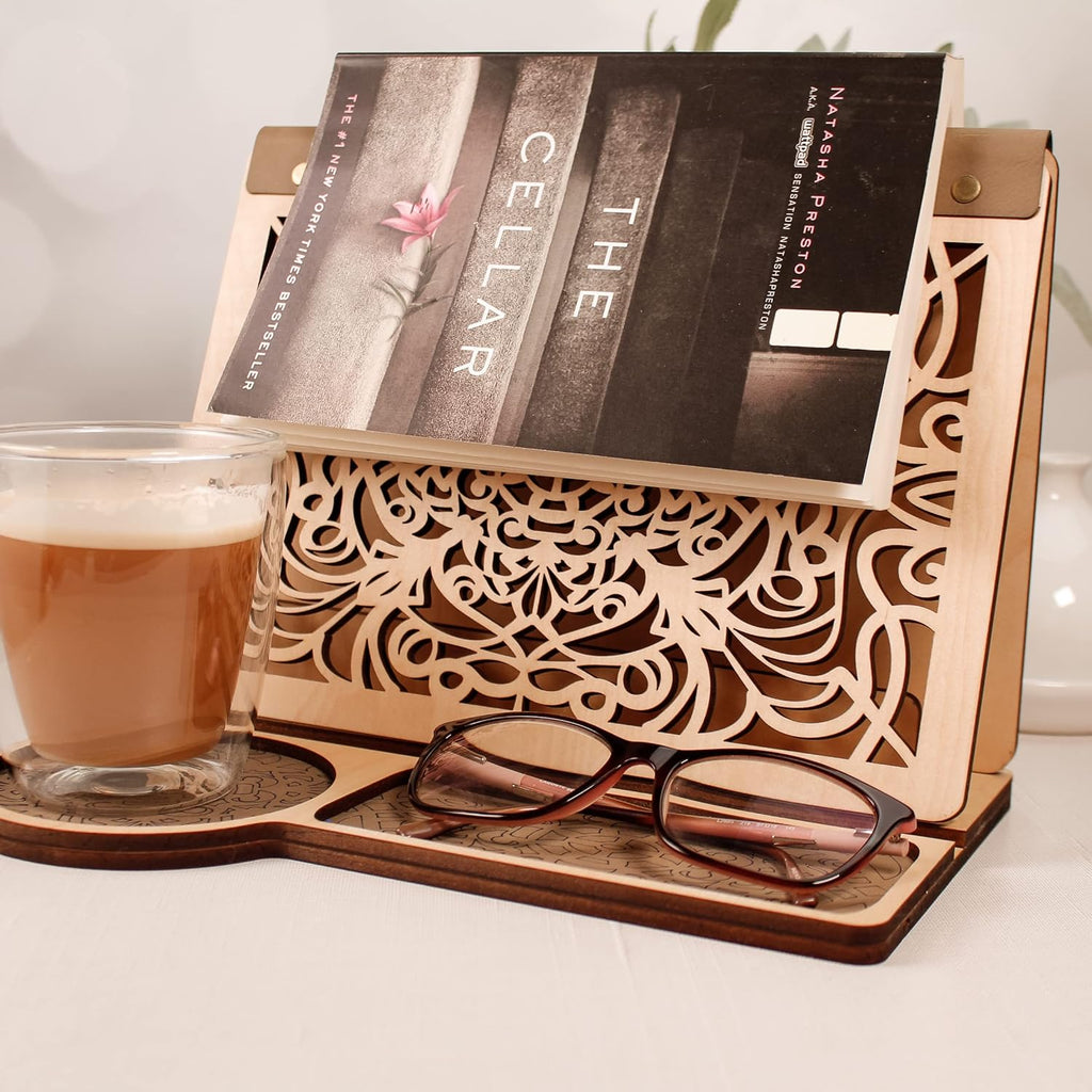 Book Nook Reading Valet Stand with Coffee Cup Mug Glasses Cell Phone Holder, Wood Triangle Book Rest and Page Saver for Bedside Nightstand, Gift Idea for Book Lovers, Handmade Wooden Book Accessories