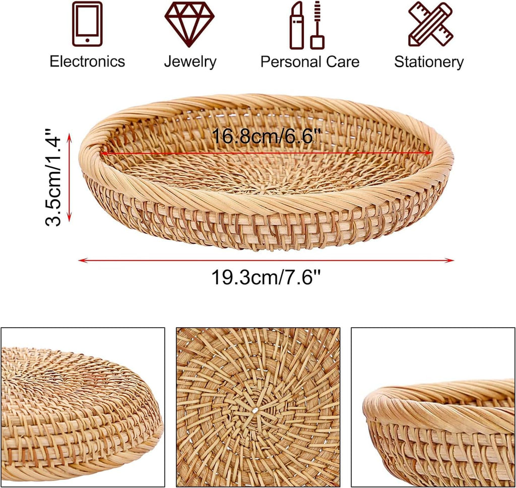 Handwoven Rattan Small Key Bowl - 7.6 Inch Round Catch All Tray for Keys,Coins, Wallet, Jewelry - Natural Wicker Organizer for Entryway, Desk, Nightstand
