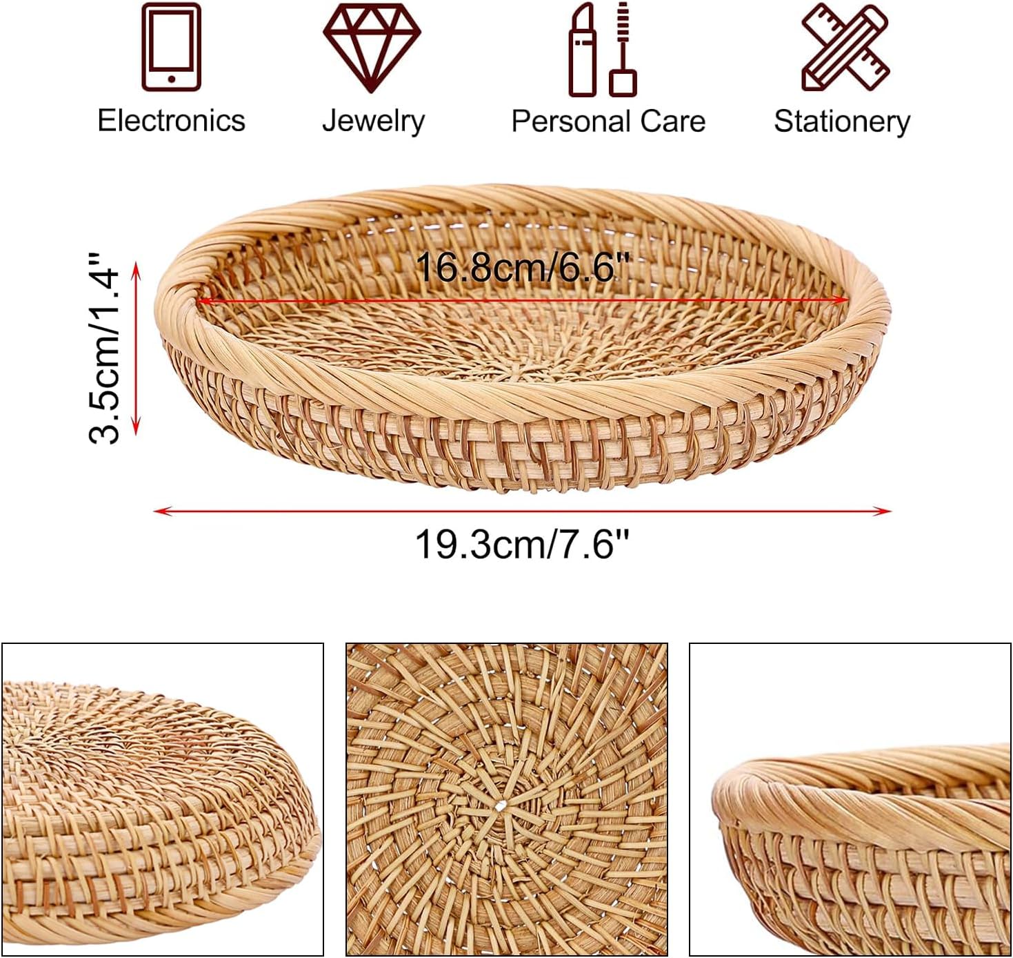 Handwoven Rattan Small Key Bowl - 7.6 Inch Round Catch All Tray for Keys,Coins, Wallet, Jewelry - Natural Wicker Organizer for Entryway, Desk, Nightstand