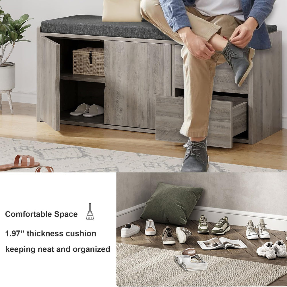 LVB 2-Tier Storage Bench with Padded Cushion, Entryway Shoe Bench with 2 Draw...