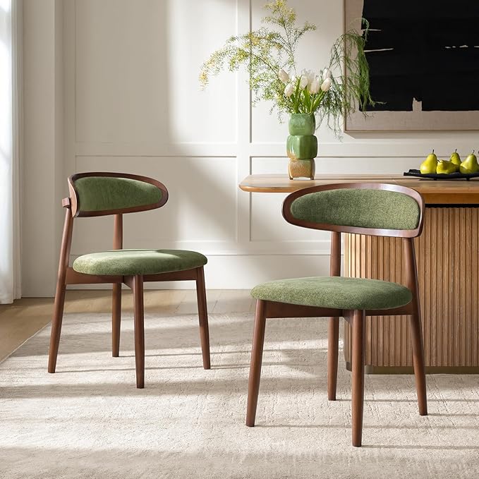 HULALA HOME Dining Chairs Set of 2 Mid-Century Modern Fabric Upholstered Dining Room Chairs Kitchen Side Chair with Open Curved Back, Walnut Rubber Wood Legs, Dinner Chairs for Living Room, Olive
