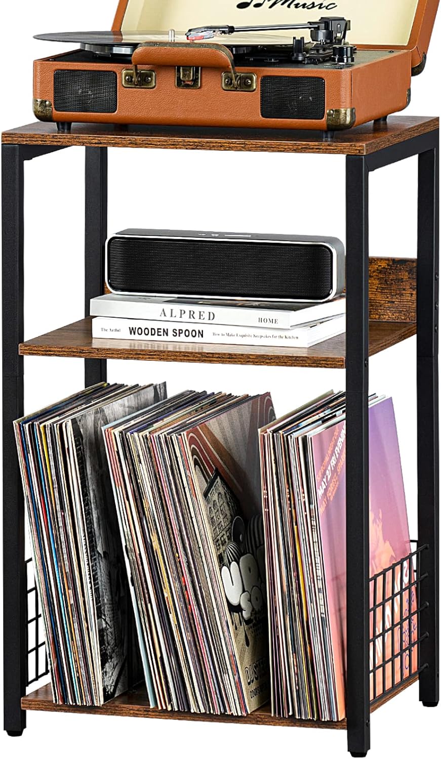 LELELINKY 3 Tier End Table,Record Player Stand with Storage Up to 100 Albums,...