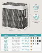 SONGMICS 130L Clothes Hamper with Lid, 2 Removable Liner Bags, 6 Mesh Bags, Wicker, Double Laundry Basket for Bathroom, 13 x 26 x 23.6 Inches, Gray ULCB253G01