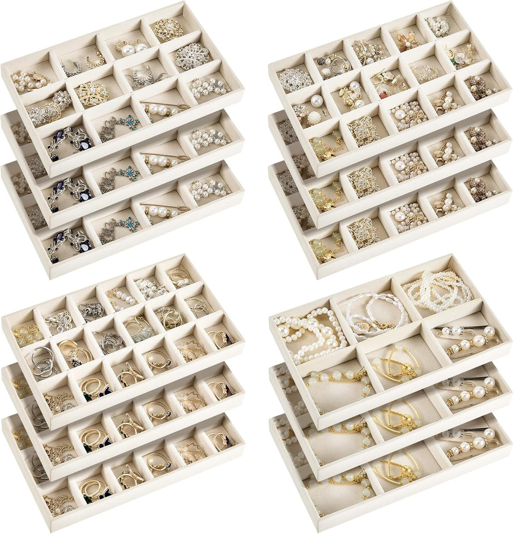 Junkin 12 Pcs Jewelry Tray Velvet Stackable Jewelry Organizer Trays Divided Earring Accessories Storage Containers Box (Rose Red)