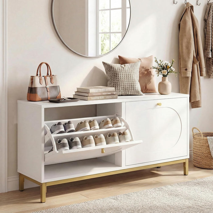 Giantex Shoe Storage Bench with 2 Flip Drawers, 39.5" W Entryway Bench with Storage, Adjustable Shelves, Modern Shoe Cabinet for Entry Way, Hallway, Foyer, Living Room, White & Gold