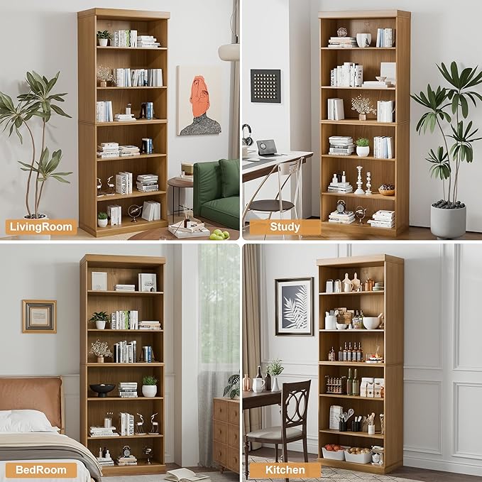 82" Wooden Book Shelf, 5 Shelf Bookcase, Modern Bookshelf with Adjustable Shelf for Home Office, Study Room, Oak