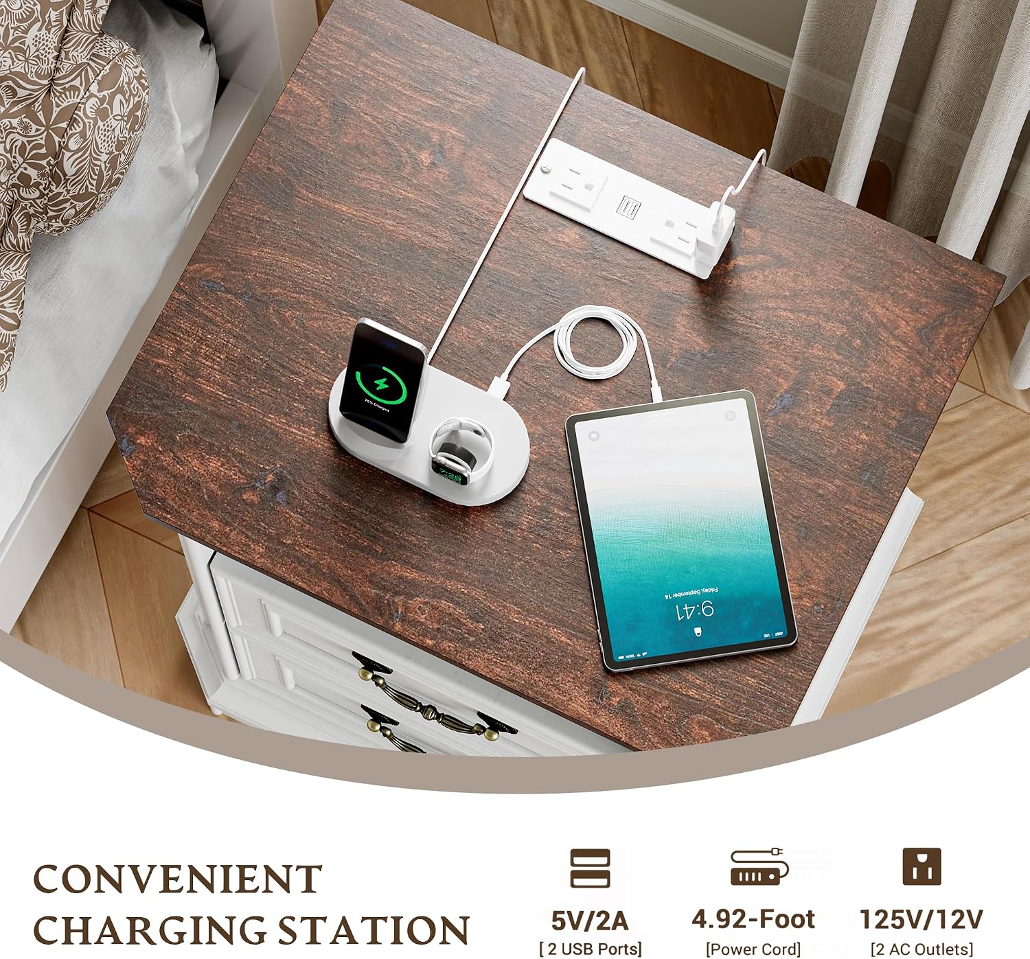 Xixini 18" Farmhouse 2-Drawer Wood Nightstand with Charging Station, White | Rustic Bedside Table with Vintage Metal Handles, Open Shelf, Spacious Storage, Sturdy Base Design, End Table for Bedroom