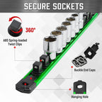 ALOANES 6-Piece Magnetic Socket Organizer, Heavy Duty Aluminum Socket Rails Organizer, 360° Swivel Clips Socket Holder Kit for Tool Box, 1/2, 3/8, 1/4-Inch Socket Holder x 80 Clips (Green)