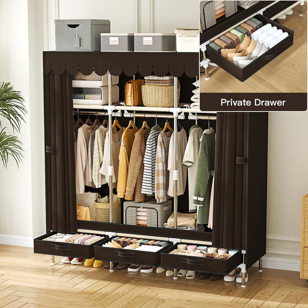 Portable Wardrobe 3 Rods 3 Drawers 3 Compartments Non-Woven Fabric Metal Fram...