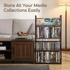 2-Tier DVD Storage Rack & CD Display Shelf, Holds 56 DVD Cases, Stackable Metal Media Organizer Tower for Blu Ray, Video Games, VHS Tapes
