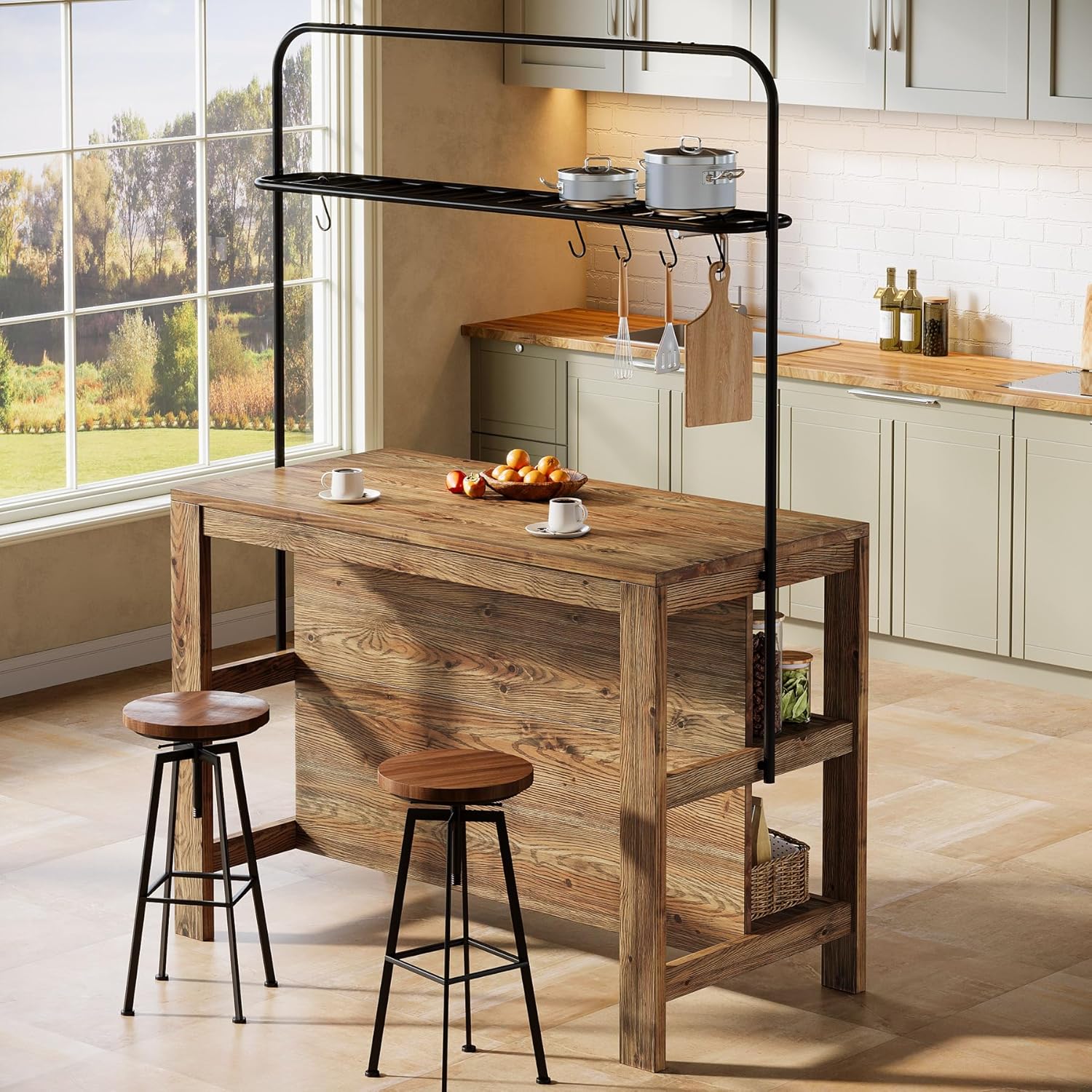 Solid Wood Kitchen Island with Storage, 47-Inch Farmhouse Stationary Island Table with Seating and 5 Hooks, Counter Height Bar Table for Kitchen, Dining Room, Rustic Brown
