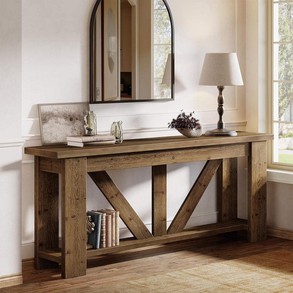Solid Wood Sofa Table, 70.9 Inches Extra Long Console Table with 2 Tiers Stor...