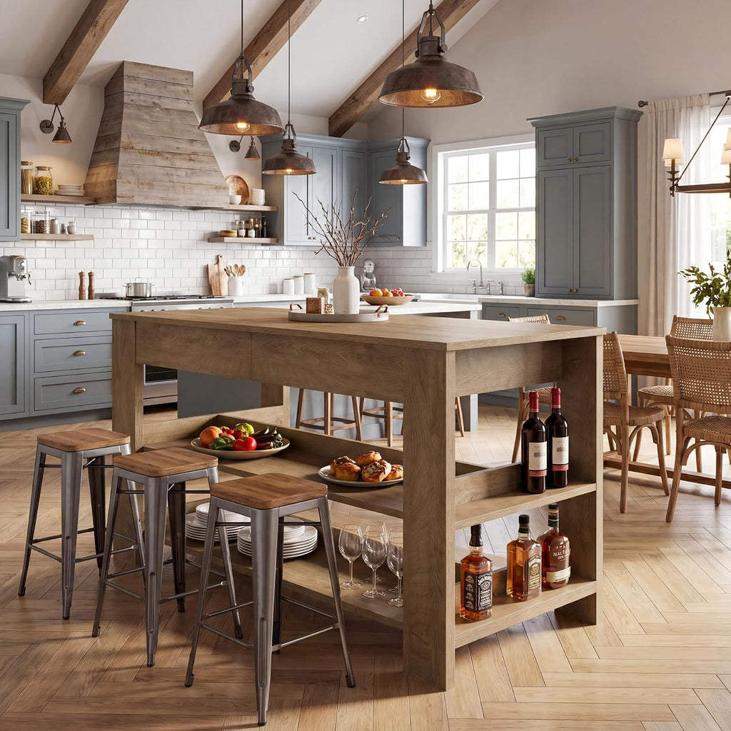 Tribesigns 55" Kitchen Island with Drawers, 2-Tier Farmhouse Wood Stationary Island Table with Storage and Open Shelf, Coffee Bar Table for Kitchen, Dining Room, Small Space, Brown